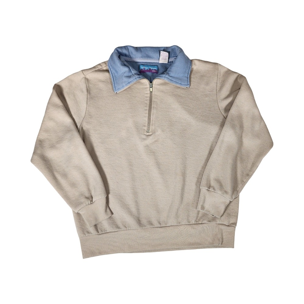 Village Square‎ Haband Vintage Quarter Zip Sweatshirt Tan Blue Small SA